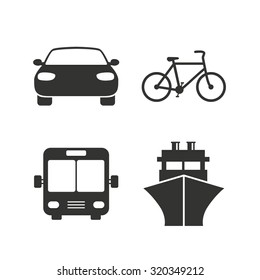 Transport icons. Car, Bicycle, Public bus and Ship signs. Shipping delivery symbol. Family vehicle sign. Flat icons on white. Vector