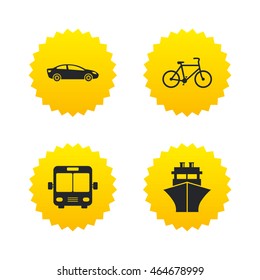 Transport icons. Car, Bicycle, Public bus and Ship signs. Shipping delivery symbol. Family vehicle sign. Yellow stars labels with flat icons. Vector