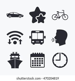 Transport icons. Car, Bicycle, Public bus and Ship signs. Shipping delivery symbol. Family vehicle sign. Wifi internet, favorite stars, calendar and clock. Talking head. Vector