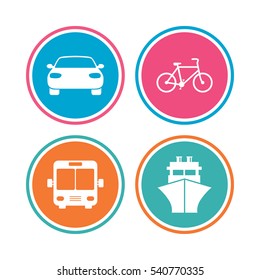 Transport icons. Car, Bicycle, Public bus and Ship signs. Shipping delivery symbol. Family vehicle sign. Colored circle buttons. Vector