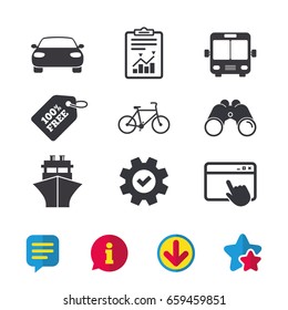 Transport icons. Car, Bicycle, Public bus and Ship signs. Shipping delivery symbol. Family vehicle sign. Browser window, Report and Service signs. Binoculars, Information and Download icons. Vector