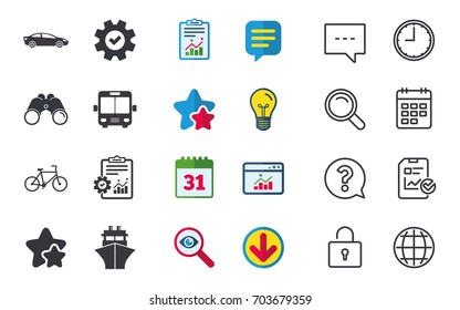 Transport icons. Car, Bicycle, Public bus and Ship signs. Shipping delivery symbol. Family vehicle sign. Chat, Report and Calendar signs. Stars, Statistics and Download icons. Vector