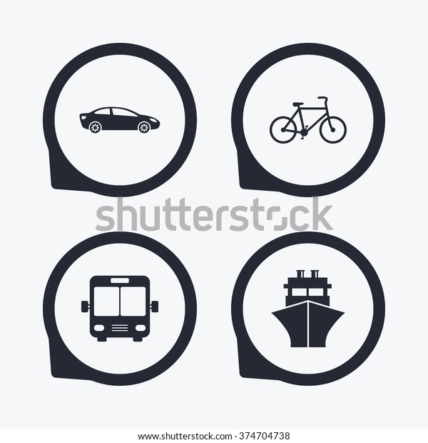 Transport icons. Car, Bicycle, Public bus and\
Ship signs. Shipping delivery symbol. Family vehicle sign. Flat\
icon pointers.