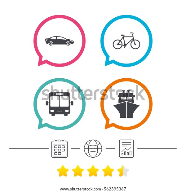 Transport icons.\
Car, Bicycle, Public bus and Ship signs. Shipping delivery symbol.\
Family vehicle sign. Calendar, internet globe and report linear\
icons. Star vote ranking.\
Vector