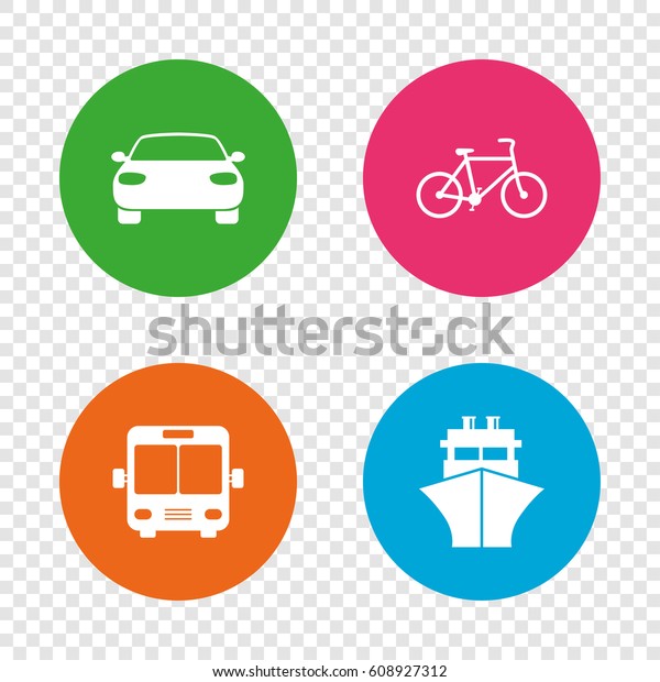 Transport icons. Car, Bicycle, Public\
bus and Ship signs. Shipping delivery symbol. Family vehicle sign.\
Round buttons on transparent background.\
Vector