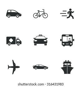 Transport icons. Car, bike, bus and taxi signs. Shipping delivery, ambulance symbols. Flat icons on white. Vector