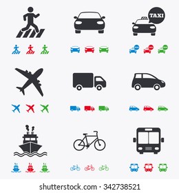 Transport icons. Car, bike, bus and taxi signs. Shipping delivery, pedestrian crossing symbols. Flat black, red, blue and green icons.