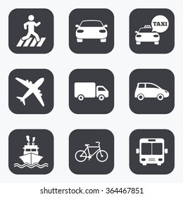 Transport icons. Car, bike, bus and taxi signs. Shipping delivery, pedestrian crossing symbols. Flat square buttons with rounded corners.