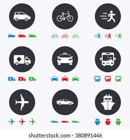 Transport icons. Car, bike, bus and taxi signs. Shipping delivery, ambulance symbols. Flat circle buttons with icons.