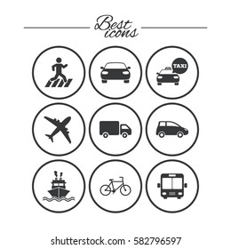 Transport icons. Car, bike, bus and taxi signs. Shipping delivery, pedestrian crossing symbols. Classic simple flat icons. Vector