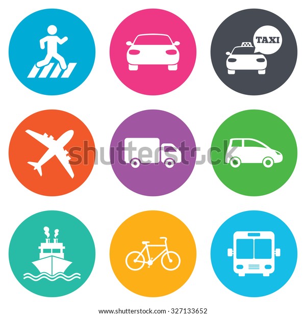 Transport\
icons. Car, bike, bus and taxi signs. Shipping delivery, pedestrian\
crossing symbols. Flat circle buttons.\
Vector