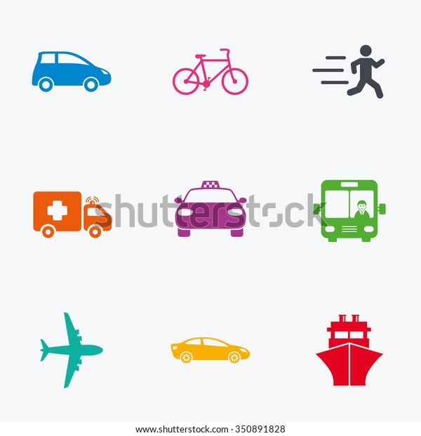 Transport icons.\
Car, bike, bus and taxi signs. Shipping delivery, ambulance\
symbols. Flat colored graphic\
icons.