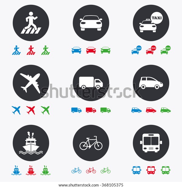 Transport icons. Car, bike, bus and taxi signs.
Shipping delivery, pedestrian crossing symbols. Flat circle buttons
with icons.