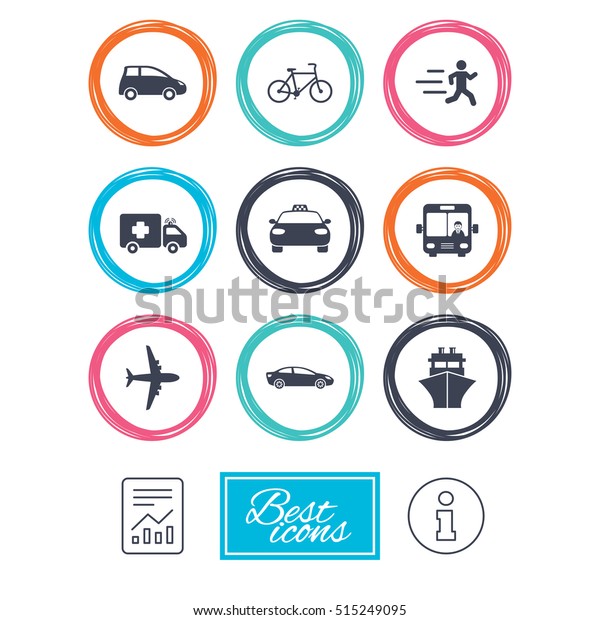 Transport\
icons. Car, bike, bus and taxi signs. Shipping delivery, ambulance\
symbols. Report document, information.\
Vector