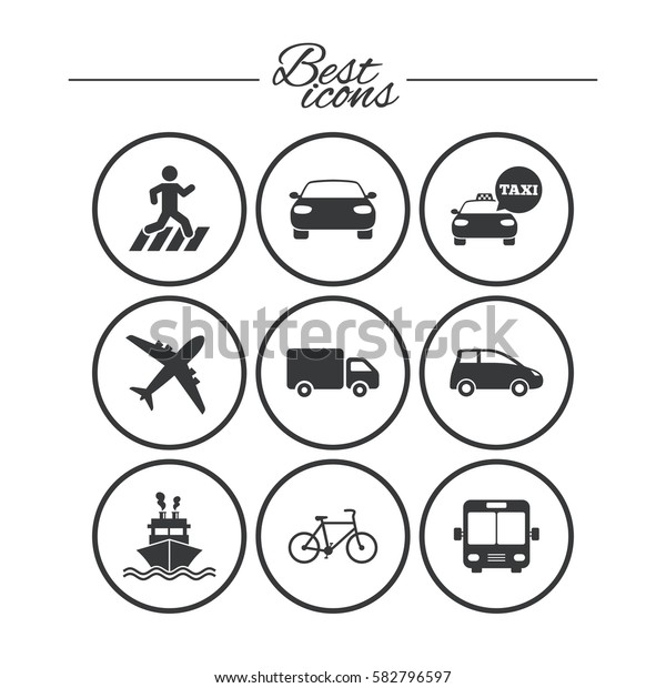 Transport icons. Car, bike, bus and taxi signs.\
Shipping delivery, pedestrian crossing symbols. Classic simple flat\
icons. Vector