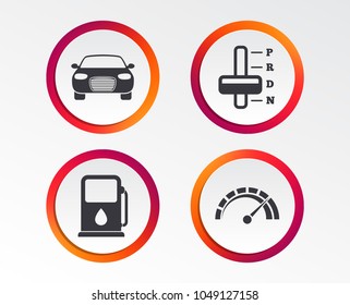 Transport icons. Car tachometer and automatic transmission symbols. Petrol or Gas station sign. Infographic design buttons. Circle templates. Vector
