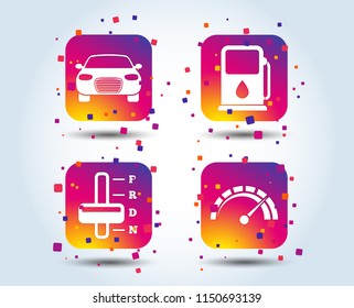 Transport icons. Car tachometer and automatic transmission symbols. Petrol or Gas station sign. Colour gradient square buttons. Flat design concept. Vector