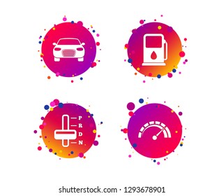 Transport icons. Car tachometer and automatic transmission symbols. Petrol or Gas station sign. Gradient circle buttons with icons. Random dots design. Vector