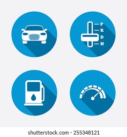 Transport icons. Car tachometer and automatic transmission symbols. Petrol or Gas station sign. Circle concept web buttons. Vector