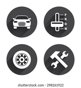 Transport icons. Car tachometer and automatic transmission symbols. Repair service tool with wheel sign. Circles buttons with long flat shadow. Vector