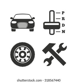 Transport icons. Car tachometer and automatic transmission symbols. Repair service tool with wheel sign. Flat icons on white. Vector