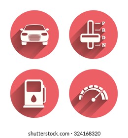 Transport icons. Car tachometer and automatic transmission symbols. Petrol or Gas station sign. Pink circles flat buttons with shadow. Vector