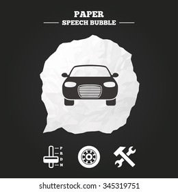 Transport icons. Car tachometer and automatic transmission symbols. Repair service tool with wheel sign. Paper speech bubble with icon.