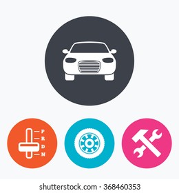 Transport icons. Car tachometer and automatic transmission symbols. Repair service tool with wheel sign. Circle flat buttons with icon.