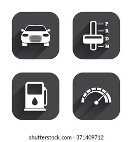 Transport icons. Car tachometer and automatic transmission symbols. Petrol or Gas station sign. Square flat buttons with long shadow.