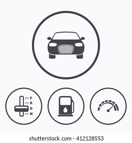 Transport icons. Car tachometer and automatic transmission symbols. Petrol or Gas station sign. Icons in circles.