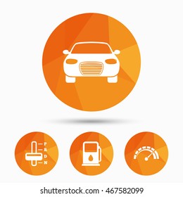 Transport icons. Car tachometer and automatic transmission symbols. Petrol or Gas station sign. Triangular low poly buttons with shadow. Vector