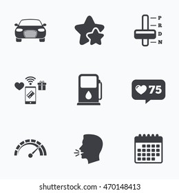 Transport icons. Car tachometer and automatic transmission symbols. Petrol or Gas station sign. Flat talking head, calendar icons. Stars, like counter icons. Vector