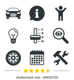 Transport icons. Car tachometer and automatic transmission symbols. Repair service tool with wheel sign. Information, light bulb and calendar icons. Investigate magnifier. Vector