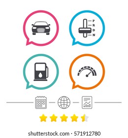 Transport icons. Car tachometer and automatic transmission symbols. Petrol or Gas station sign. Calendar, internet globe and report linear icons. Star vote ranking. Vector