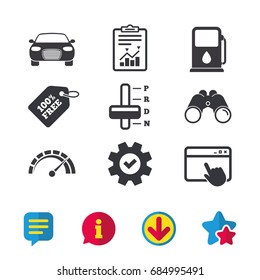 Transport icons. Car tachometer and automatic transmission symbols. Petrol or Gas station sign. Browser window, Report and Service signs. Binoculars, Information and Download icons. Stars and Chat