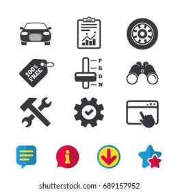 Transport icons. Car tachometer and automatic transmission symbols. Repair service tool with wheel sign. Browser window, Report and Service signs. Binoculars, Information and Download icons. Vector