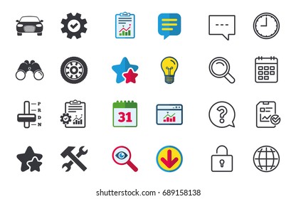 Transport icons. Car tachometer and automatic transmission symbols. Repair service tool with wheel sign. Chat, Report and Calendar signs. Stars, Statistics and Download icons. Vector