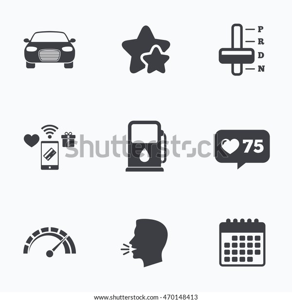 Transport icons. Car tachometer and\
automatic transmission symbols. Petrol or Gas station sign. Flat\
talking head, calendar icons. Stars, like counter icons.\
Vector
