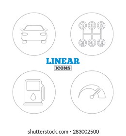 Transport icons. Car tachometer and manual transmission symbols. Petrol or Gas station sign. Linear outline web icons. Vector