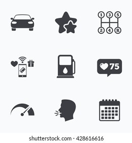 Transport icons. Car tachometer and manual transmission symbols. Petrol or Gas station sign. Flat talking head, calendar icons. Stars, like counter icons. Vector