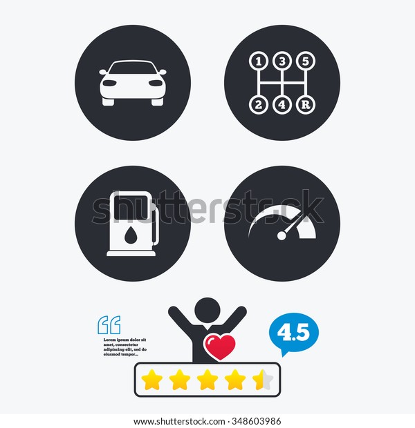 Transport icons. Car tachometer and\
manual transmission symbols. Petrol or Gas station sign. Star vote\
ranking. Client like and think bubble. Quotes with\
message.