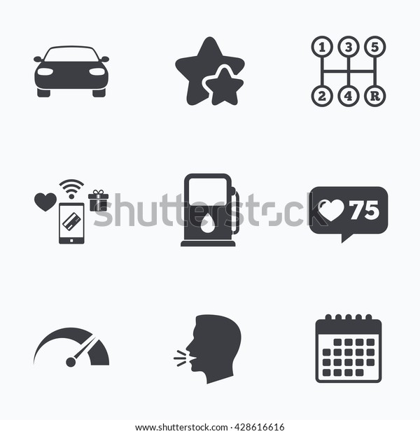 Transport icons. Car tachometer and
manual transmission symbols. Petrol or Gas station sign. Flat
talking head, calendar icons. Stars, like counter icons.
Vector