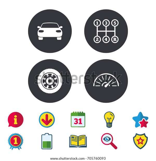 Transport icons. Car tachometer and mechanic
transmission symbols. Wheel sign. Calendar, Information and
Download signs. Stars, Award and Book icons. Light bulb, Shield and
Search. Vector