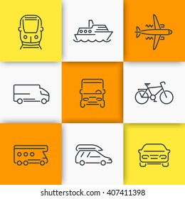 Transport icons, car, van, bus, train, airplane, ship linear icons on squares, vector illustration