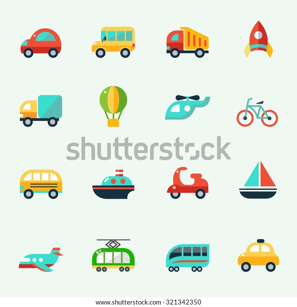 Transport icons in\
cartoon style, flat\
design