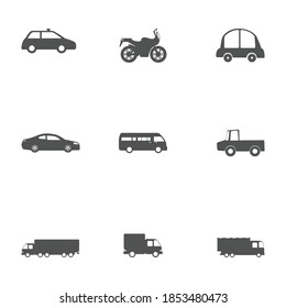 Transport icons collection including car, motorcycle. Vector from illustrator program. Grey color.