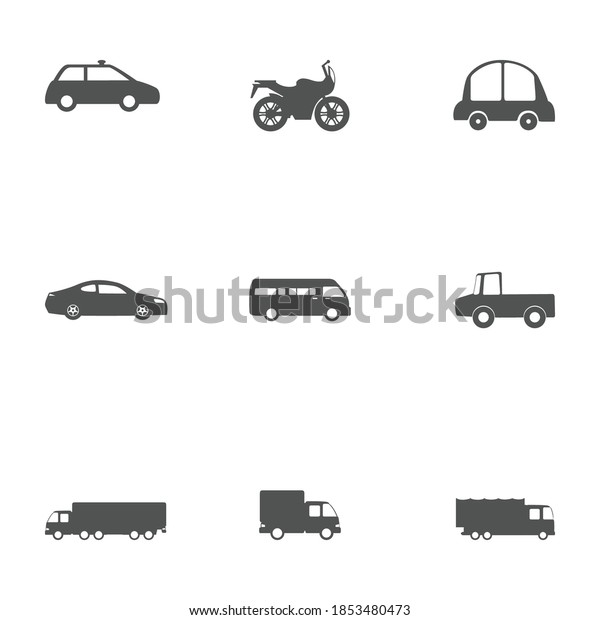 Transport icons collection including\
car, motorcycle. Vector from illustrator program. Grey\
color.