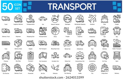 Transport Icons Collection related to Transportation, Vehicle, Car, Truck, Airplane, Ship, Train, Bus, Delivery, Logistics, Freight, Shipment, Shipping.