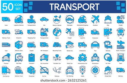 Transport Icons Collection related to Transportation, Vehicle, Car, Truck, Airplane, Ship, Train, Bus, Delivery, Logistics, Freight, Shipment, Shipping.