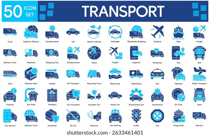 Transport Icons Collection related to Transportation, Vehicle, Car, Truck, Airplane, Ship, Train, Bus, Delivery, Logistics, Freight, Shipment, Shipping.